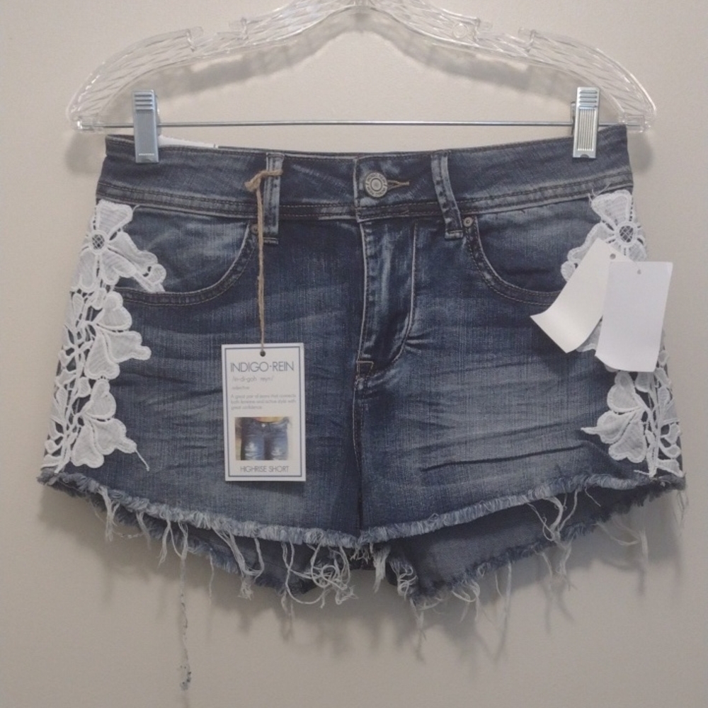 Indigo Rein Blue Jean Shorts with Lace Accents (J295) - Picture 1 of 6